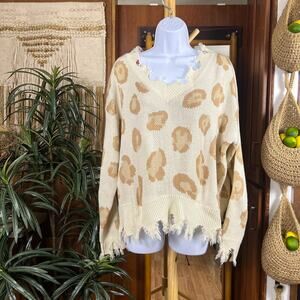 Neutral Leopard Print Distressed Sweater S/M Cream Beige Frayed Hem Grunge Knit